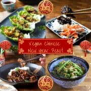 Collage of photos of vegan Chinese dishes with Chinese new year graphics.